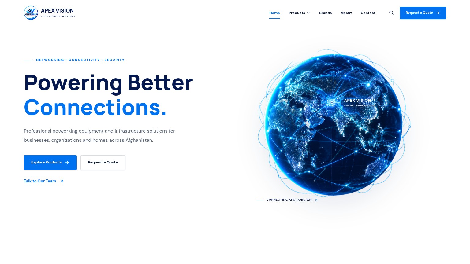 Apex Vision website showing networking solutions and a connected globe